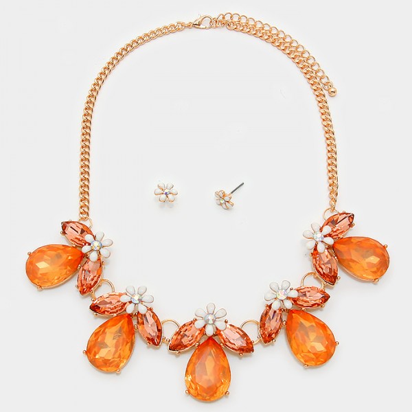 Tangerine Floral Crystal Statement Necklace